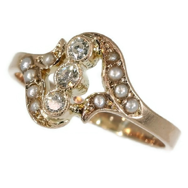 Antique diamond ring pink gold with seed pearls